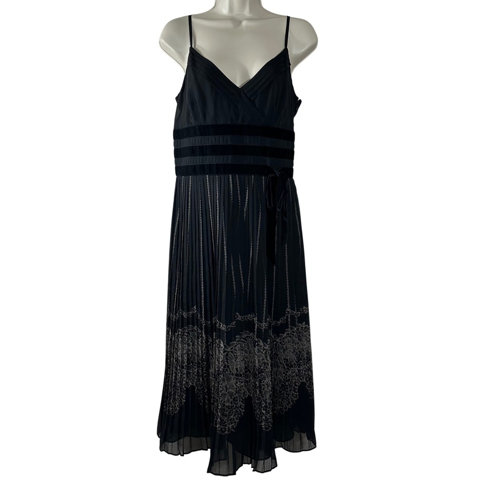Black Pleated Midi Dress Velvet Trim Lace Print‎ Spaghetti Strap Cocktail 45in